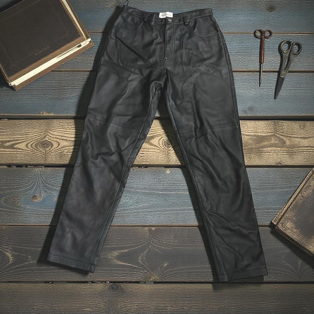 HUGO BUSCATI COLLECTION Black Leather Straight Leg Pants Women's Size 12